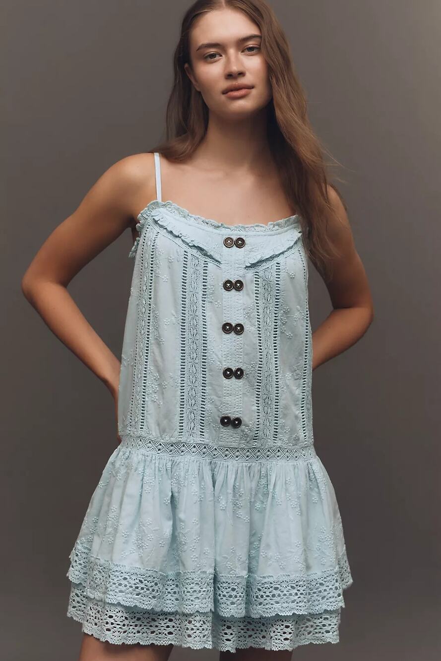 New Anthropologie Pilcro Sleeveless Square-Neck Swing Mini Dress $168 SMALL Blue